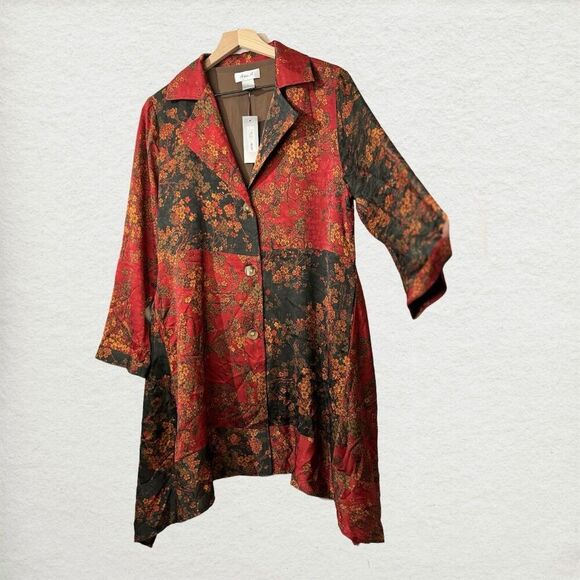 NWT Ania A VTG Floral Artsy Boho Patchwork Button Asymmetrical Red Light Jacket - Picture 3 of 11